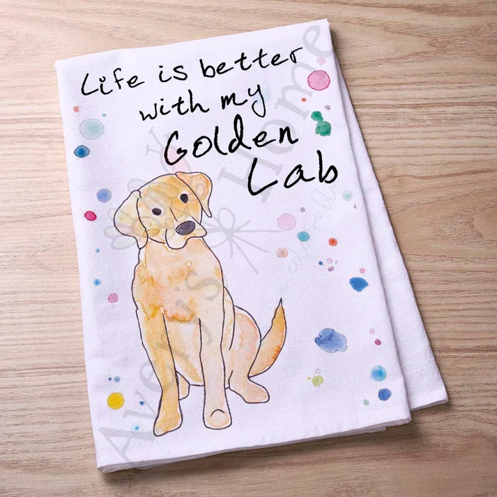 Golden Lab flour sack dish towel, art by Avery Jackson