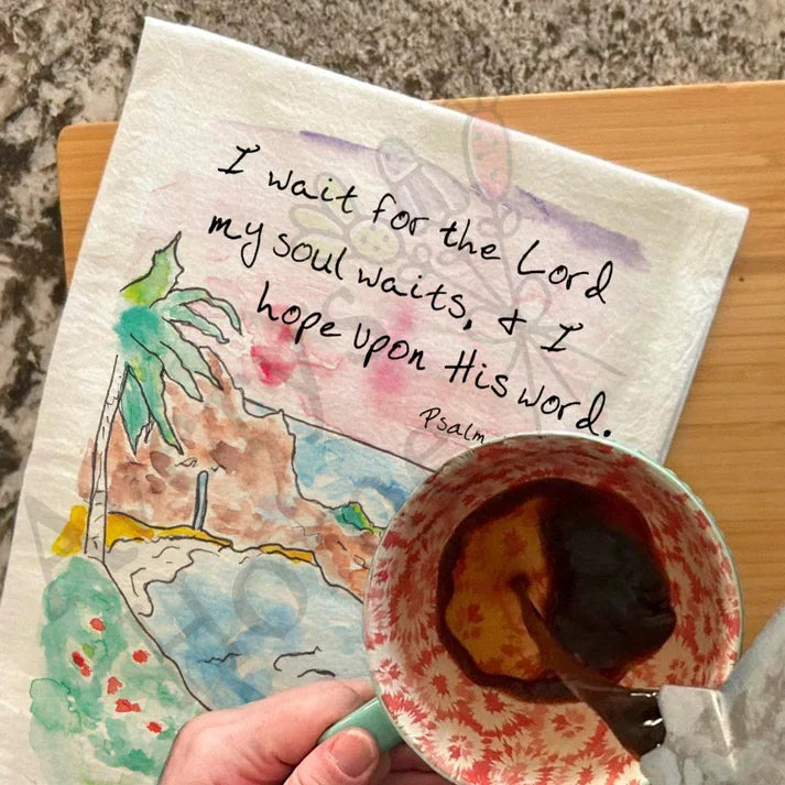 I Wait for the Lord Beach Psalm 130:5 dish towel hanging in the kitchen