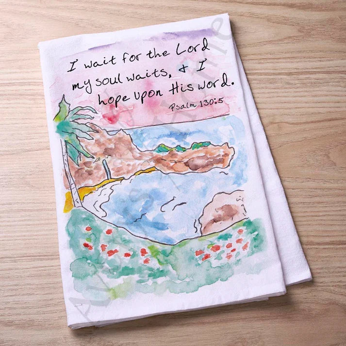 I Wait for the Lord Beach Psalm 130:5 flour sack dish towel, art by Avery Jackson