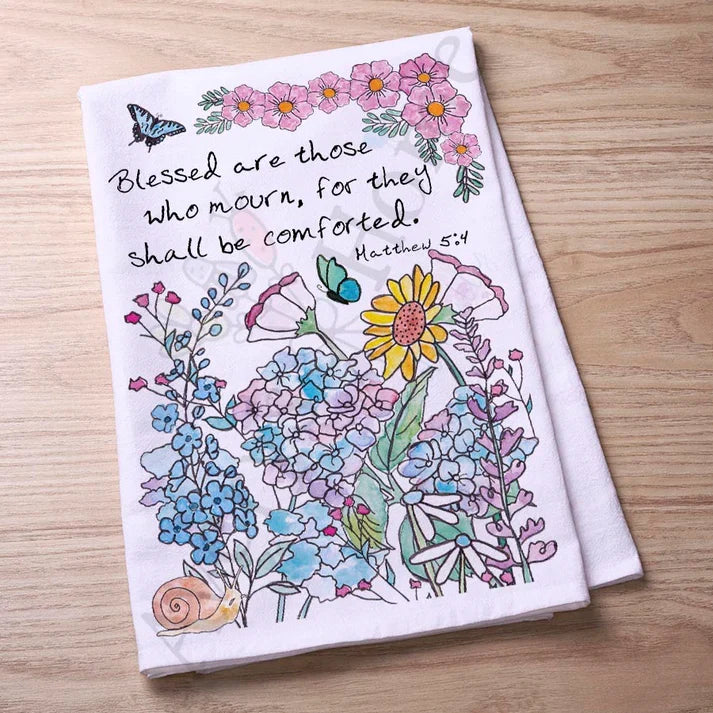 Blessed are Those Flowers Matthew 5:4 flour sack dish towel, art by Avery Jackson