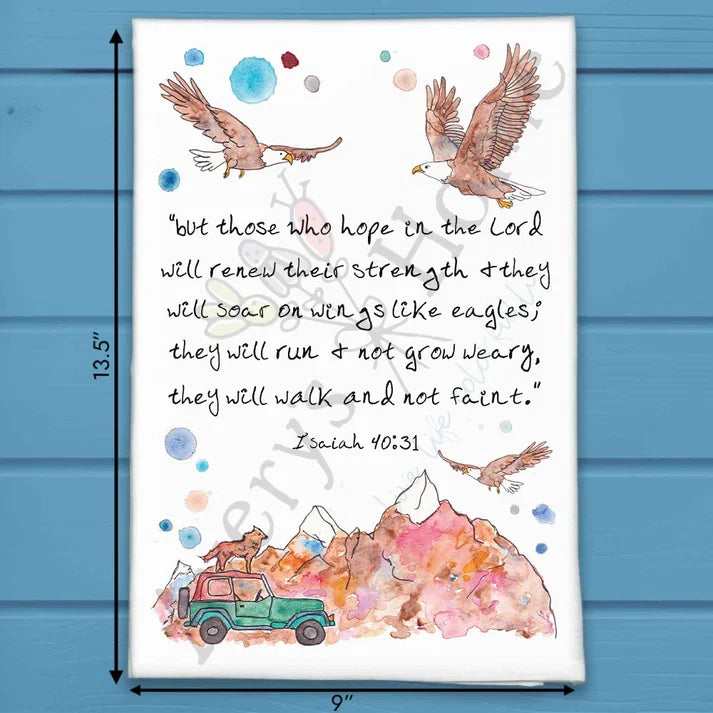 Soar on Wings like Eagles Isaiah 40:31 flour sack dish towel, art by Avery Jackson