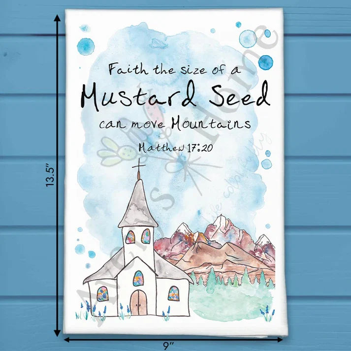 Faith Can Move Mountains Matthew 17:20 flour sack dish towel, art by Avery Jackson