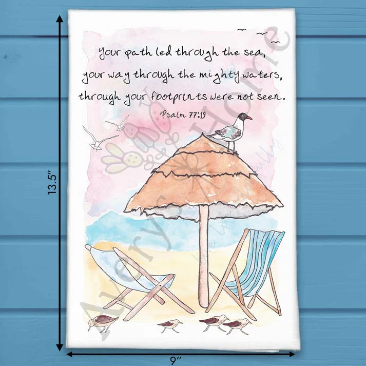 Footprints Not Seen Psalm 77:19 flour sack dish towel, art by Avery Jackson