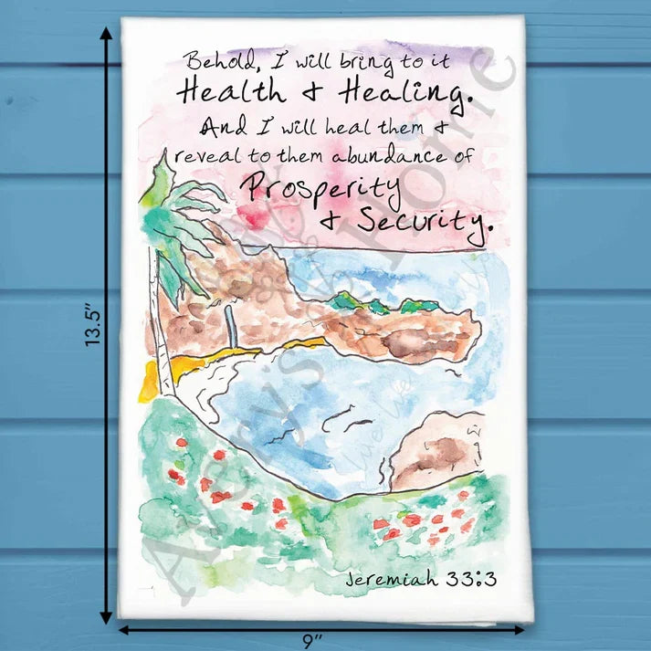 Behold I Will Bring Jeremiah 33:3 flour sack dish towel, art by Avery Jackson