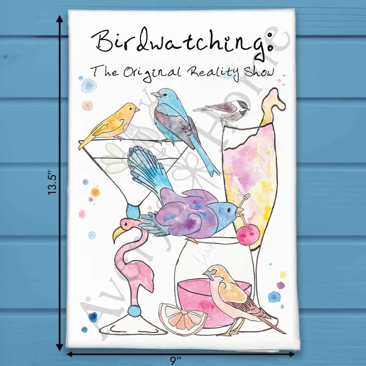 Birdwatching Original Reality TV flour sack dish towel, art by Avery Jackson