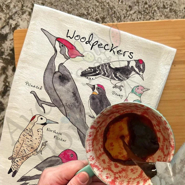 Woodpeckers of North America dish towel, 27x27 flour sack cotton