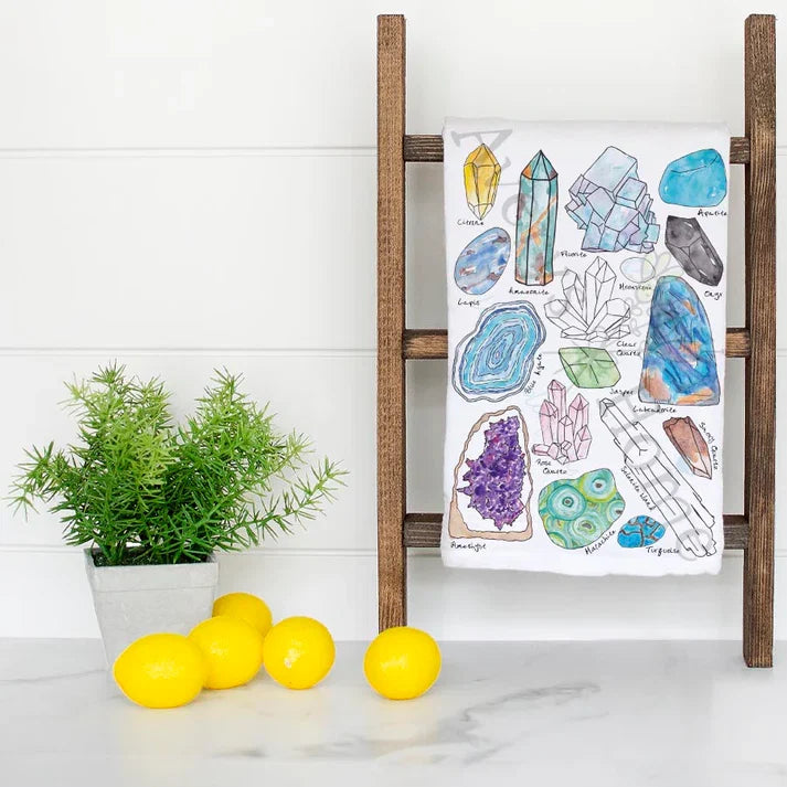 Crystal Gemstone Collector dish towel folded, hemmed on all four sides