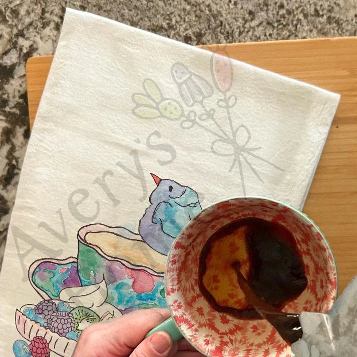 Bluebird Teacup & Tart dish towel, 27x27 flour sack cotton