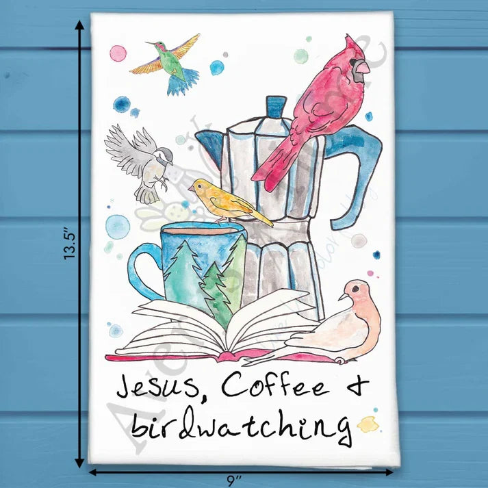 Jesus Coffee & Birdwatching flour sack dish towel, art by Avery Jackson