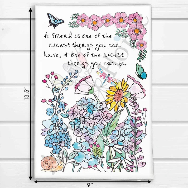 Friendship & Flower Garden dish towel, 27x27 flour sack cotton