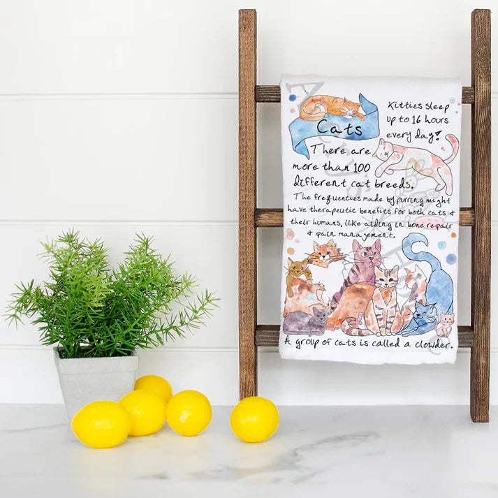 House Cat Facts dish towel folded, hemmed on all four sides