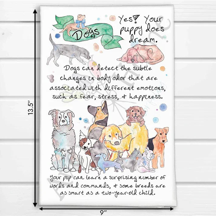 Dog Facts dish towel, 27x27 flour sack cotton