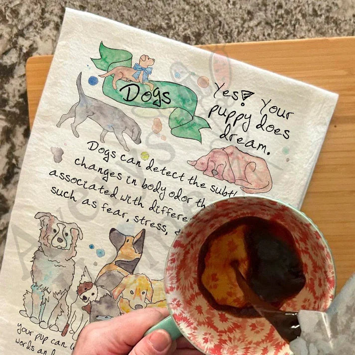 Dog Facts dish towel hanging in the kitchen