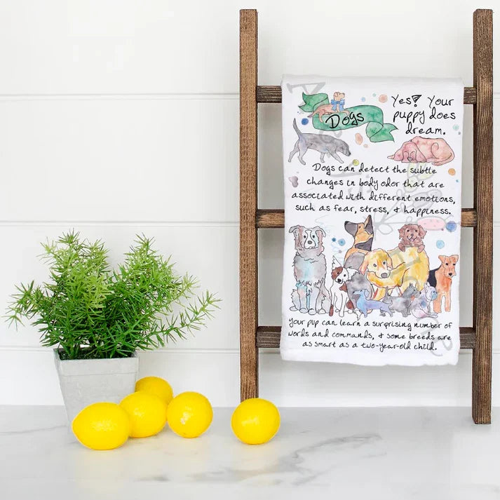 Dog Facts dish towel folded, hemmed on all four sides