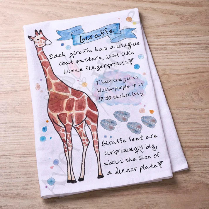 Giraffe Facts flour sack dish towel, art by Avery Jackson