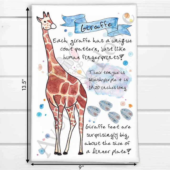 Giraffe Facts dish towel, 27x27 flour sack cotton