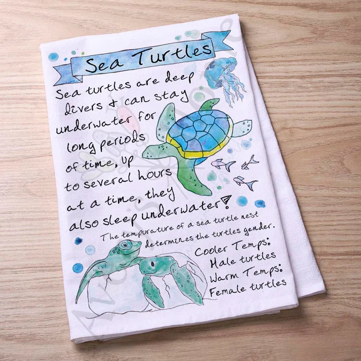 Sea Turtle Facts flour sack dish towel, art by Avery Jackson