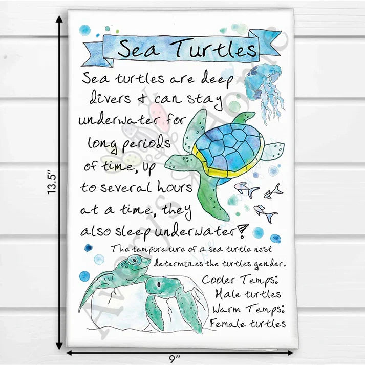 Sea Turtle Facts dish towel, 27x27 flour sack cotton