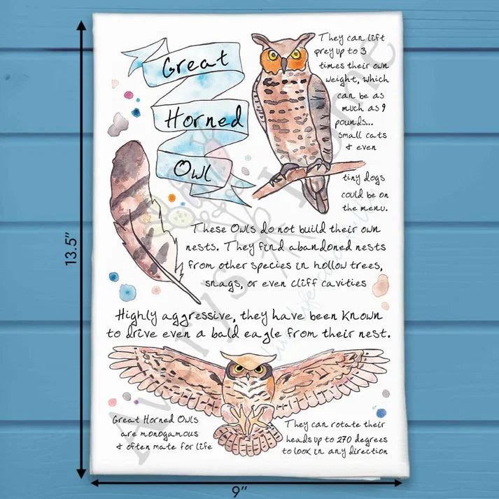 Great Horned Owl Facts flour sack dish towel, art by Avery Jackson