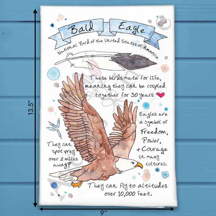 Bald Eagle Bird Facts flour sack dish towel, art by Avery Jackson