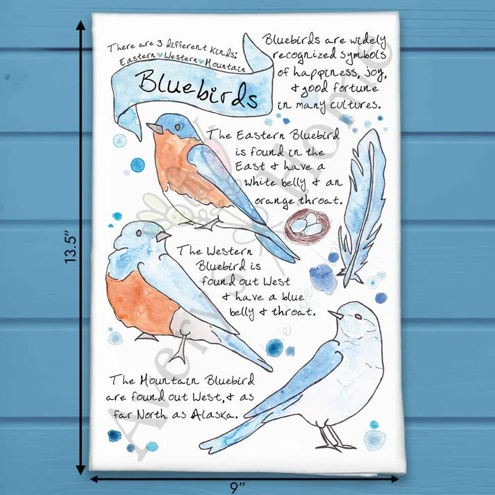 Bluebird Bird Facts flour sack dish towel, art by Avery Jackson