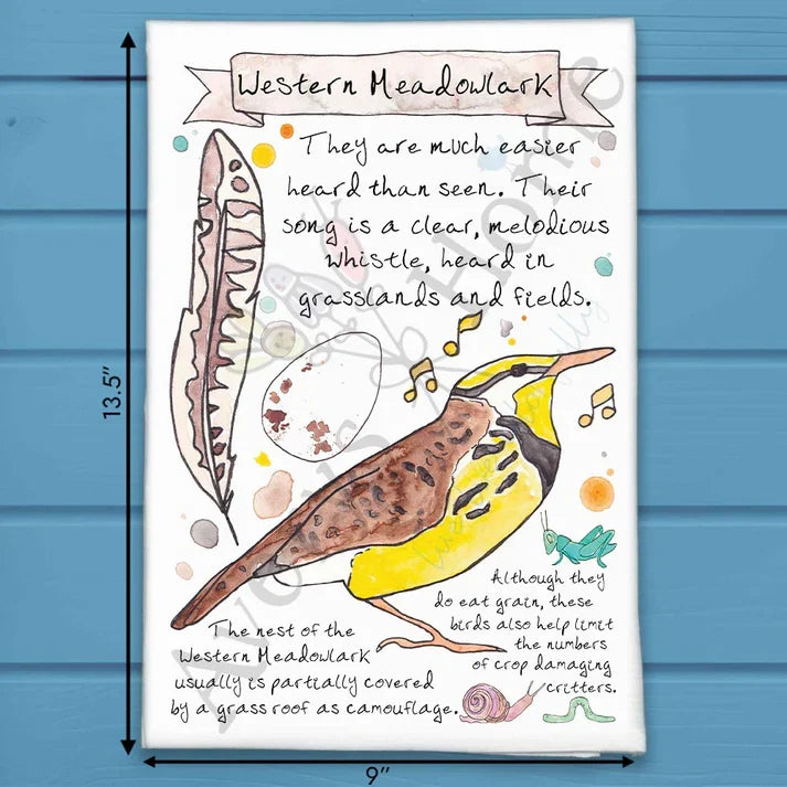 Western Meadowlark Facts flour sack dish towel, art by Avery Jackson