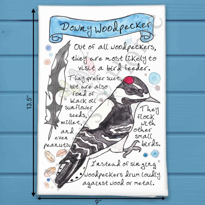 Downy Woodpecker Facts flour sack dish towel, art by Avery Jackson