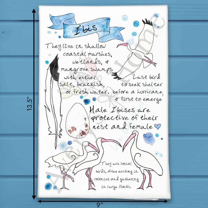 Ibis Facts flour sack dish towel, art by Avery Jackson