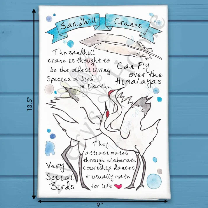 Sandhill Crane Facts flour sack dish towel, art by Avery Jackson