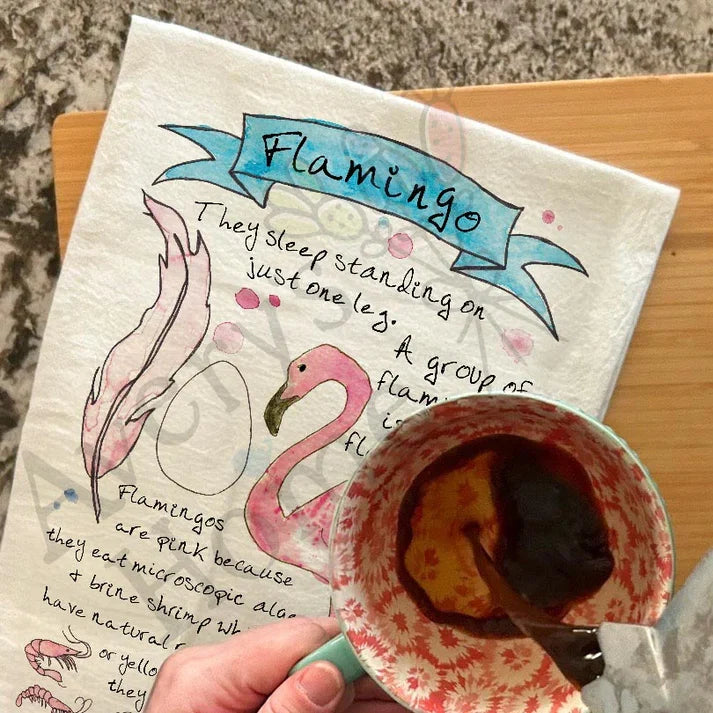 Flamingo Facts dish towel, 27x27 flour sack cotton