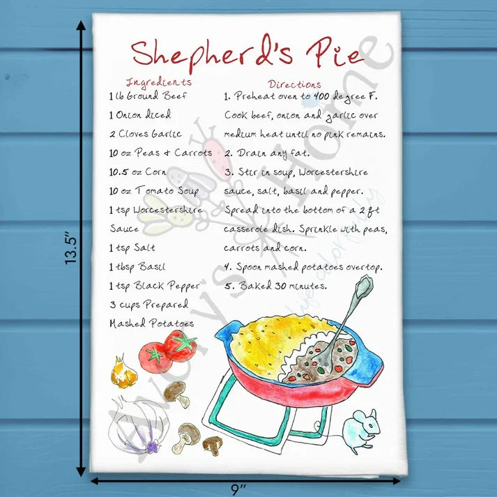 Shepherd's Pie Recipe flour sack dish towel, art by Avery Jackson