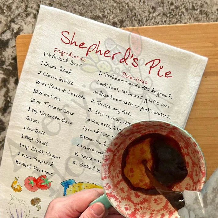 Shepherd's Pie Recipe dish towel, 27x27 flour sack cotton