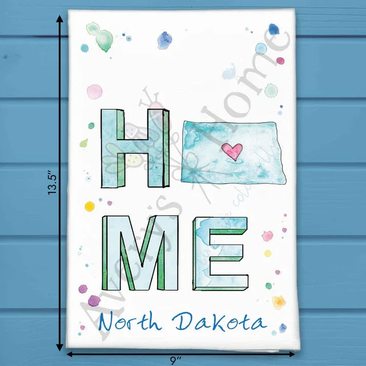 HOME in North Dakota flour sack dish towel, art by Avery Jackson