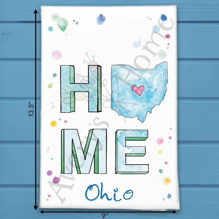 HOME in Ohio flour sack dish towel, art by Avery Jackson