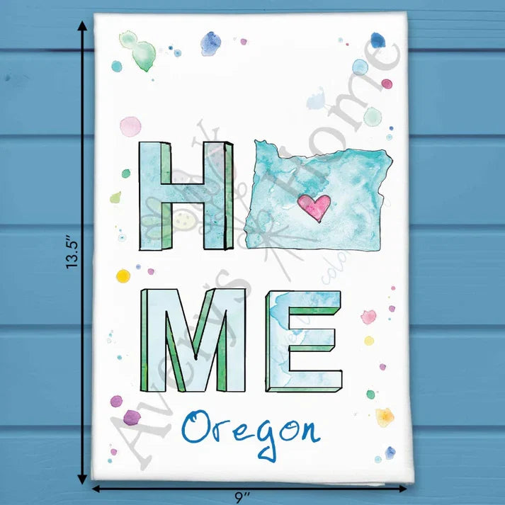 HOME in Oregon flour sack dish towel, art by Avery Jackson