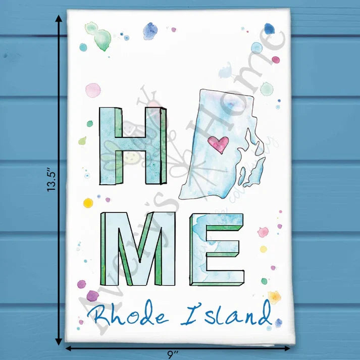 HOME in Rhode Island flour sack dish towel, art by Avery Jackson