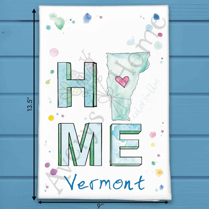 HOME in Vermont flour sack dish towel, art by Avery Jackson