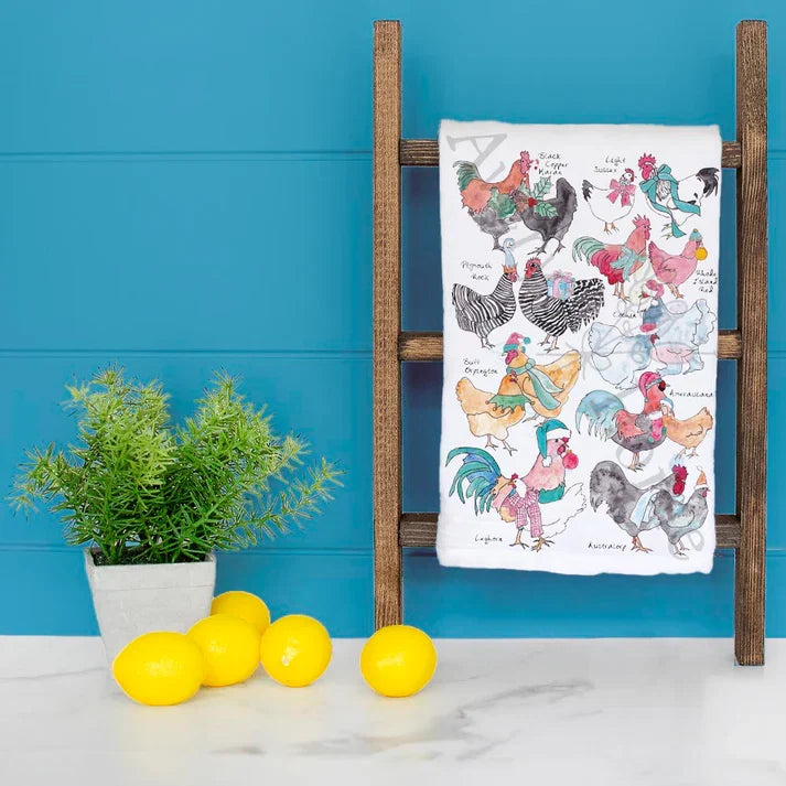 Homestead Christmas Chicken Breed dish towel hanging in the kitchen