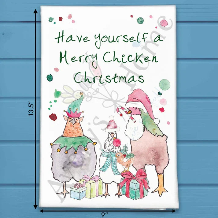 Merry Chicken Christmas flour sack dish towel, art by Avery Jackson