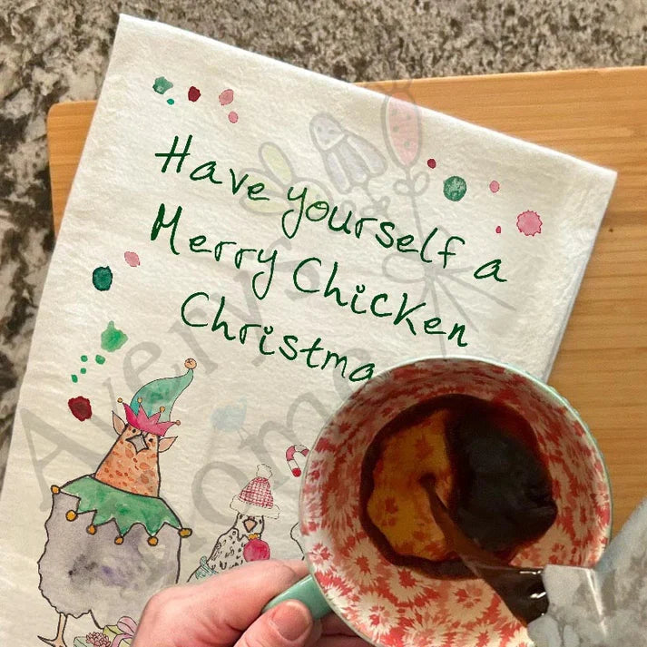 Merry Chicken Christmas dish towel, 27x27 flour sack cotton