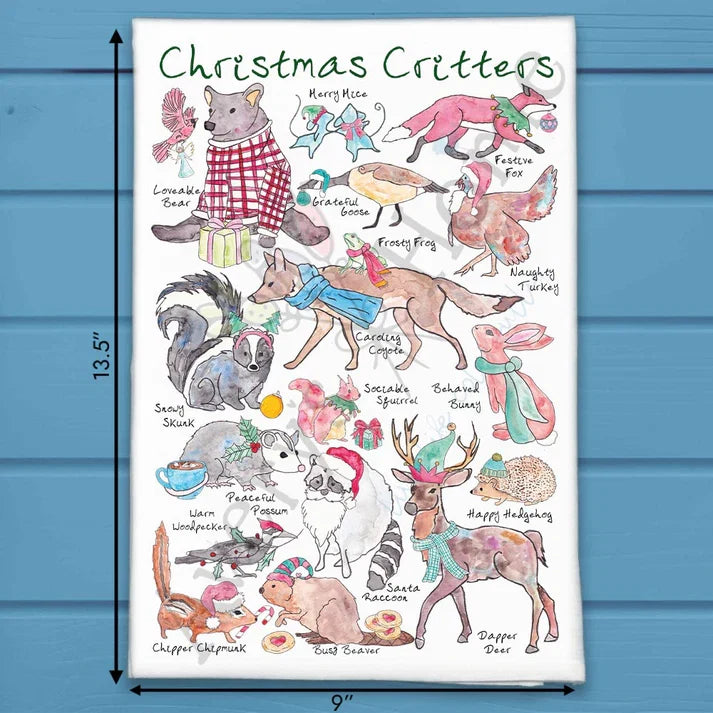 Christmas Critters flour sack dish towel, art by Avery Jackson