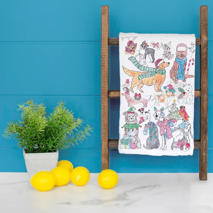 Adorable Dogs Christmas dish towel hanging in the kitchen
