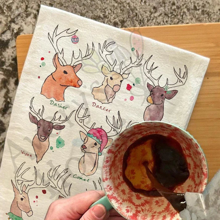 Santa's Reindeer Christmas dish towel, 27x27 flour sack cotton