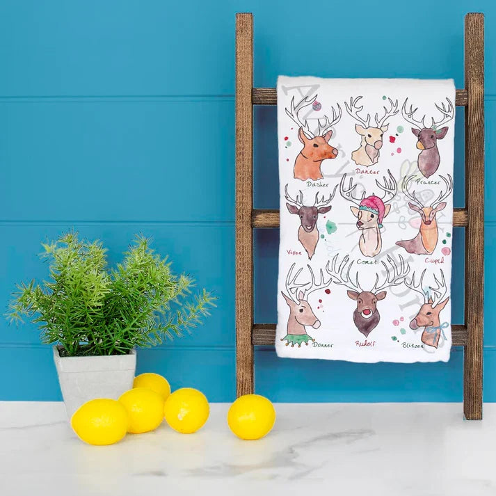 Santa's Reindeer Christmas dish towel hanging in the kitchen