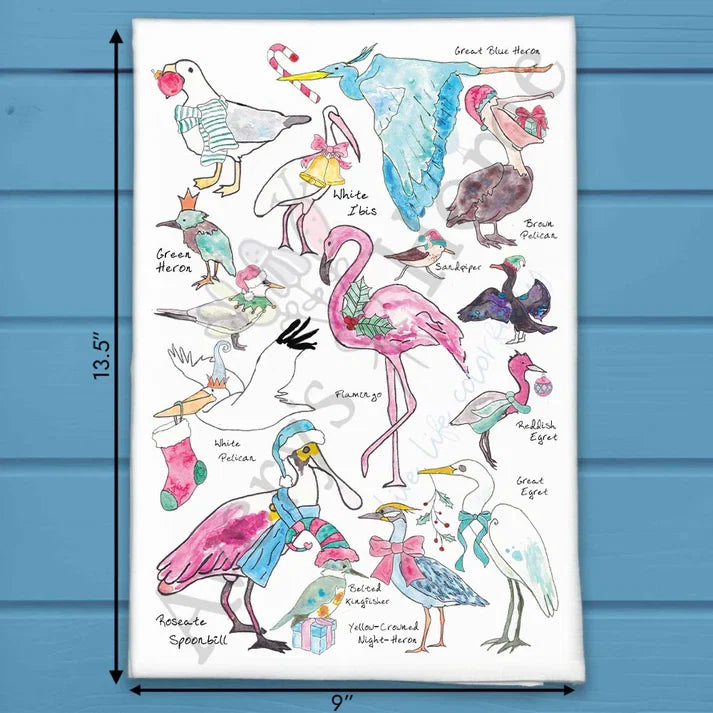 Christmas Coastal Birds flour sack dish towel, art by Avery Jackson