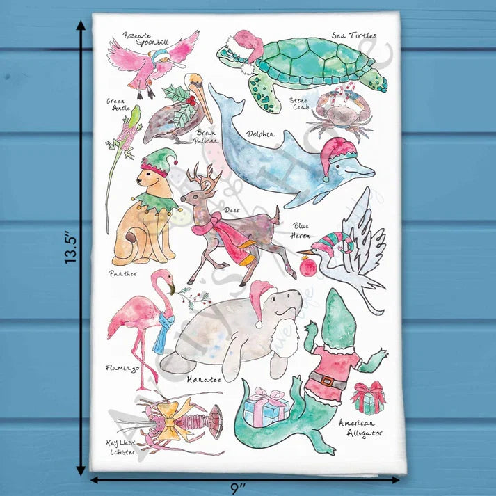Christmas Florida Critters flour sack dish towel, art by Avery Jackson