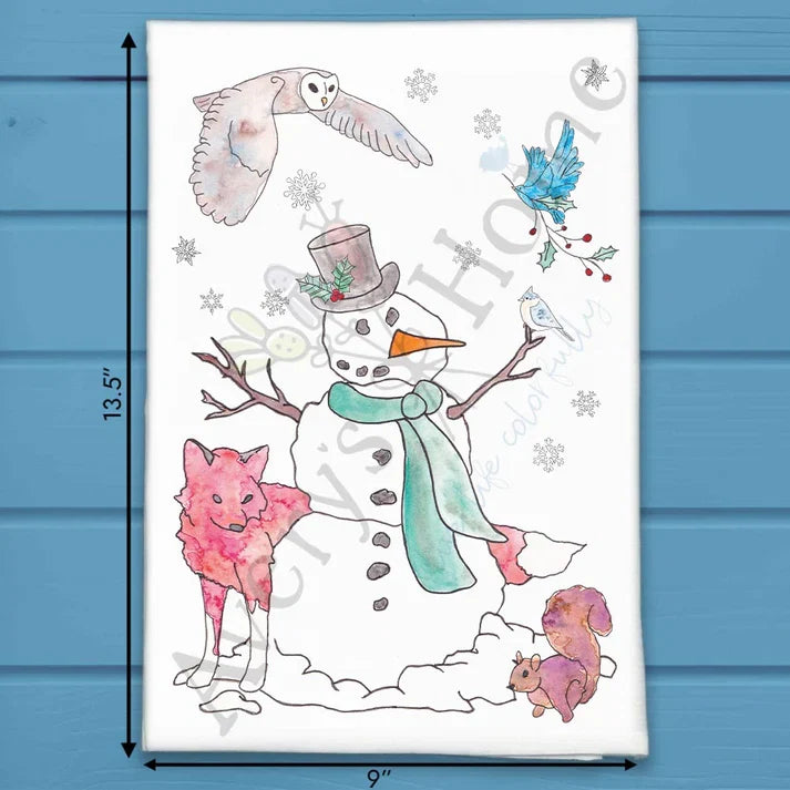 Snowman and Winter Woodland Creatures flour sack dish towel, art by Avery Jackson