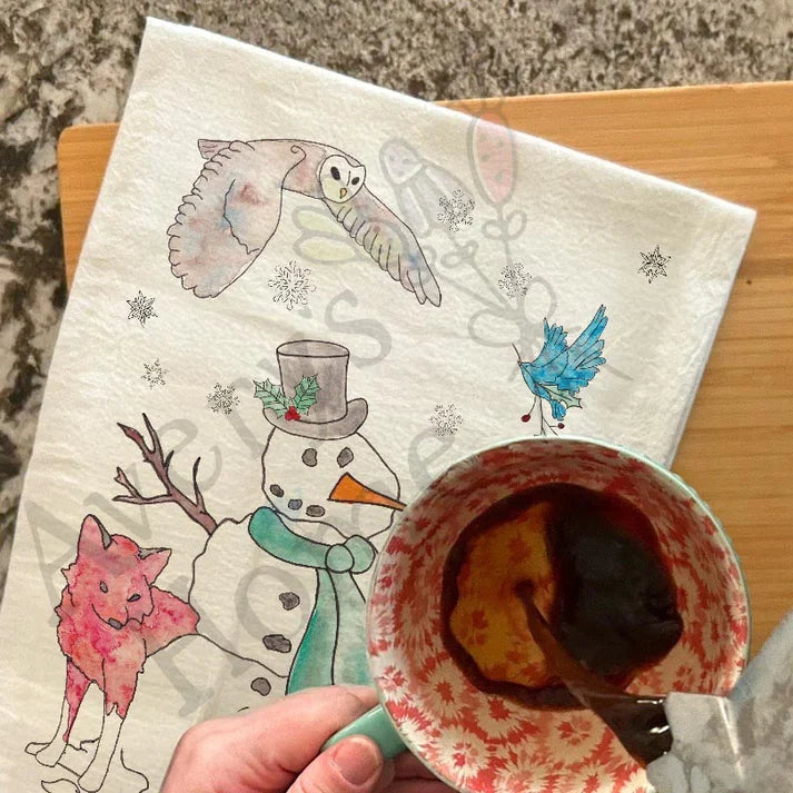 Snowman and Winter Woodland Creatures dish towel, 27x27 flour sack cotton