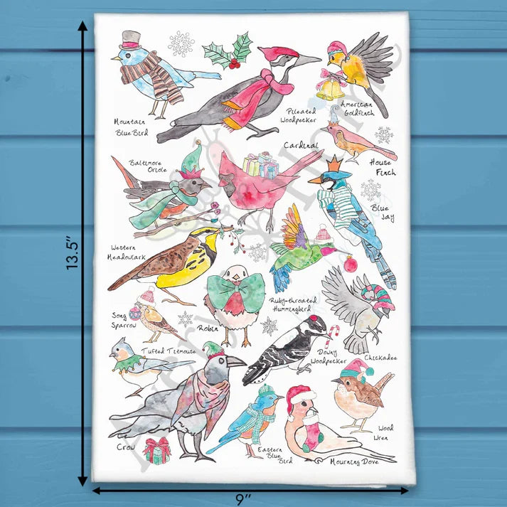 Christmas Backyard Birds flour sack dish towel, art by Avery Jackson