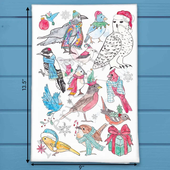 Christmas Birds flour sack dish towel, art by Avery Jackson